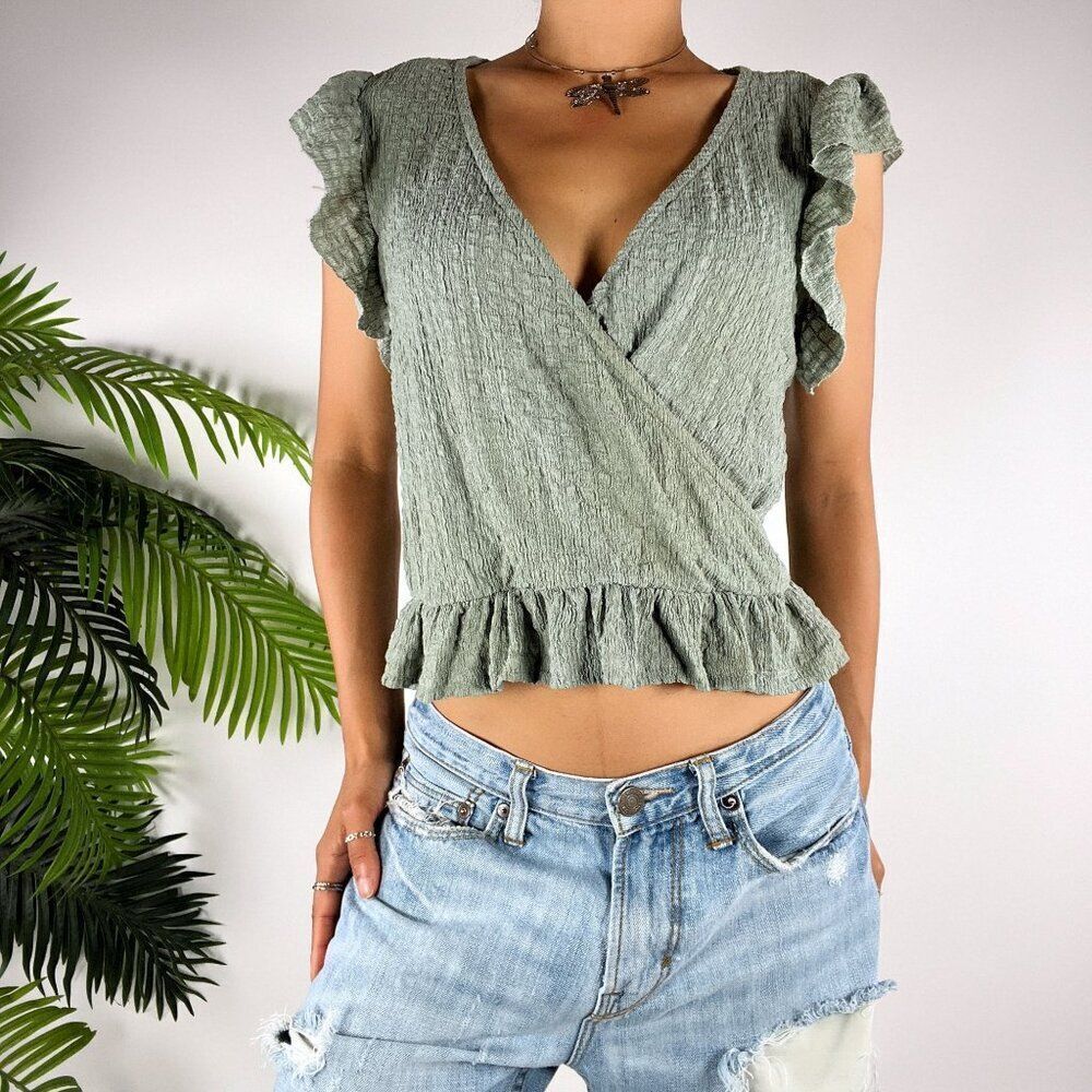 Vintage Green Cottagecore Coquette Ruffle Short Sleeve Cropped Top / XS